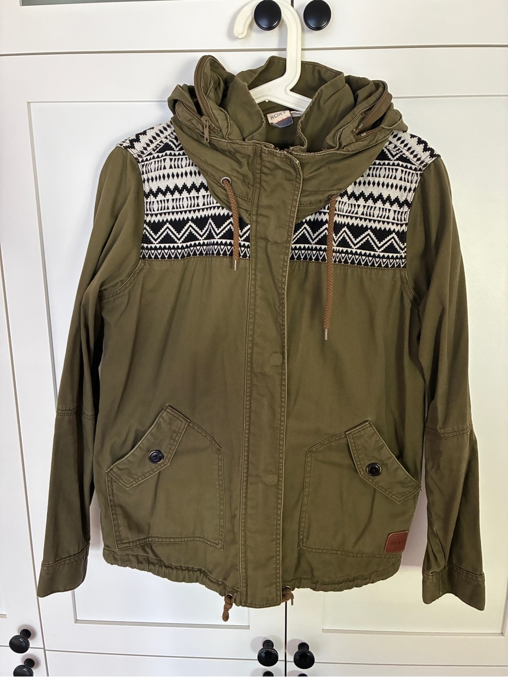 Roxy - Women Olive Green Hooded Jacket with Aztec Yoke